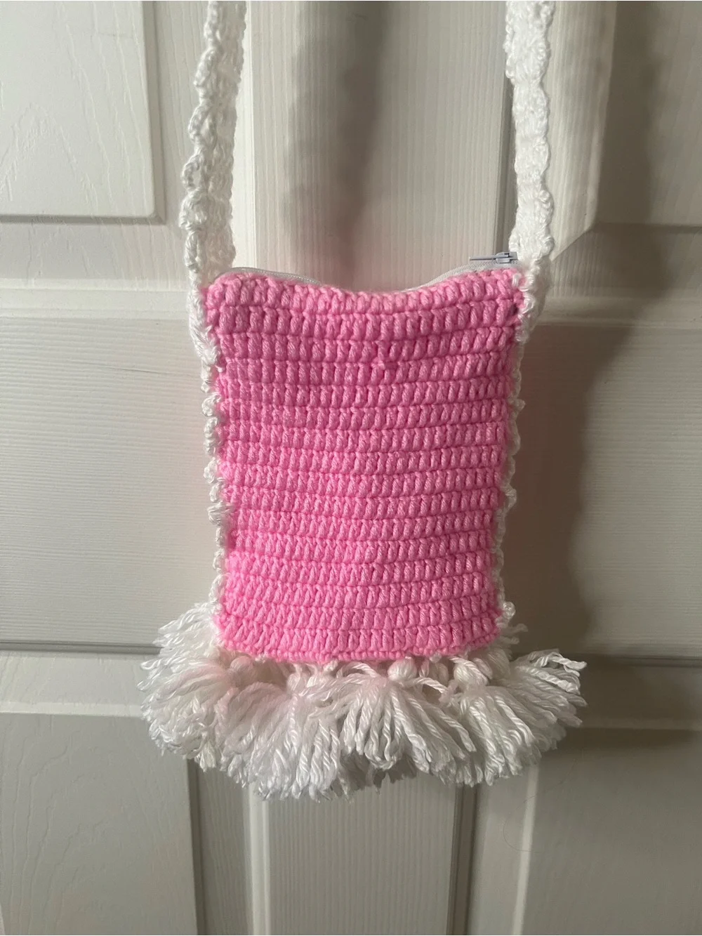 Handmade Pink & White Crochet Kids Crossbody Bag